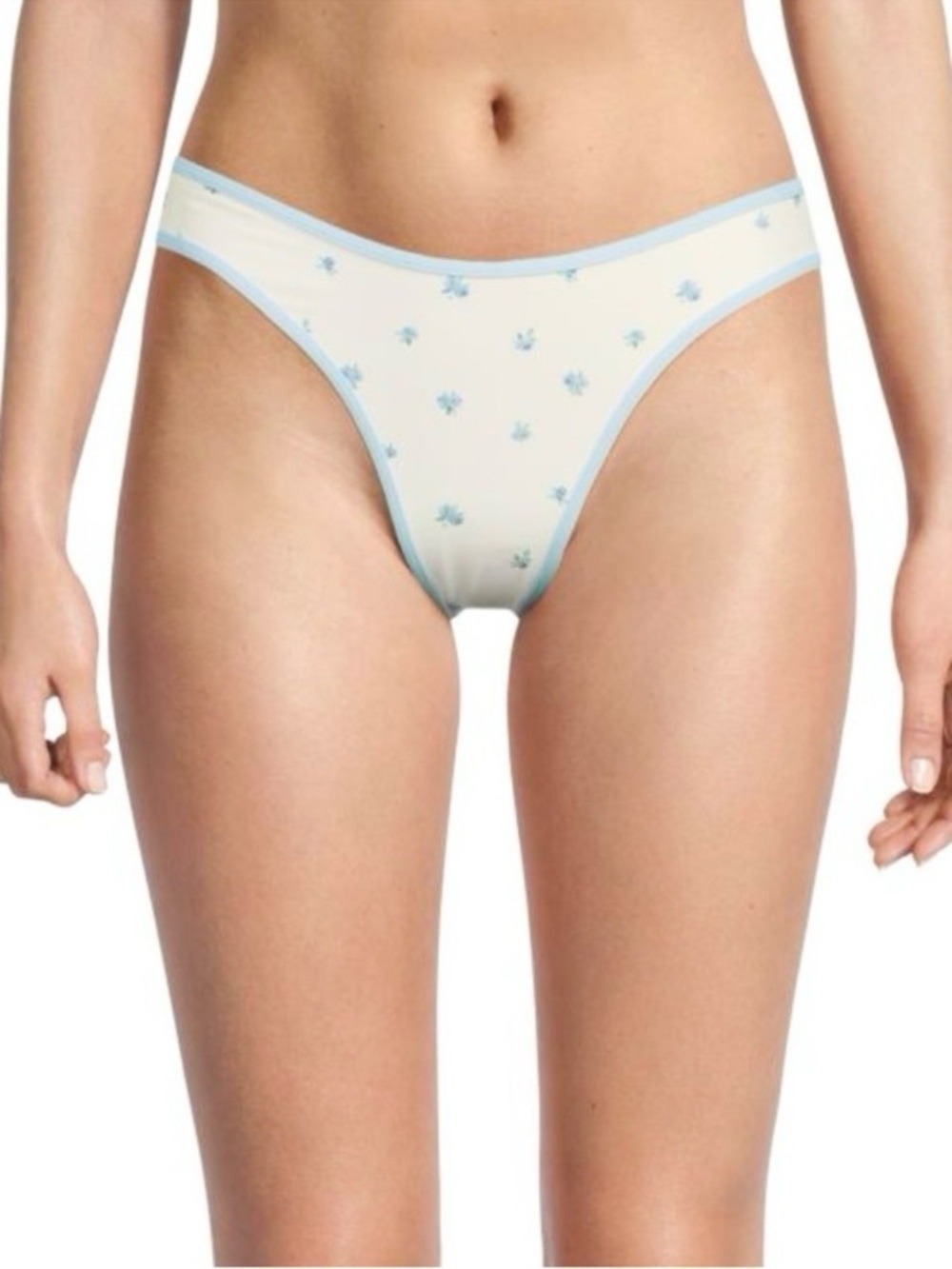 WeWoreWhat Cream Floral Bikini Bottom Light Blue Trim Small